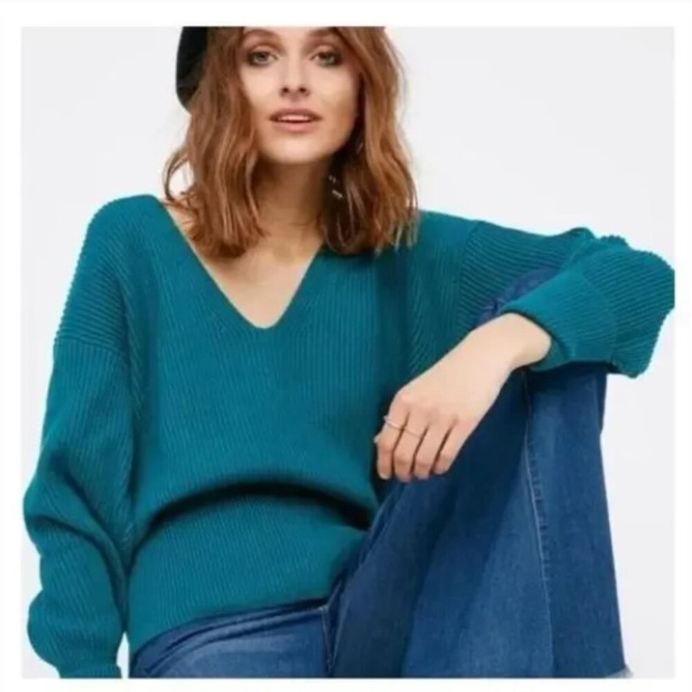 FREE PEOPLE Allure Teal Blue Ribbed Sweater